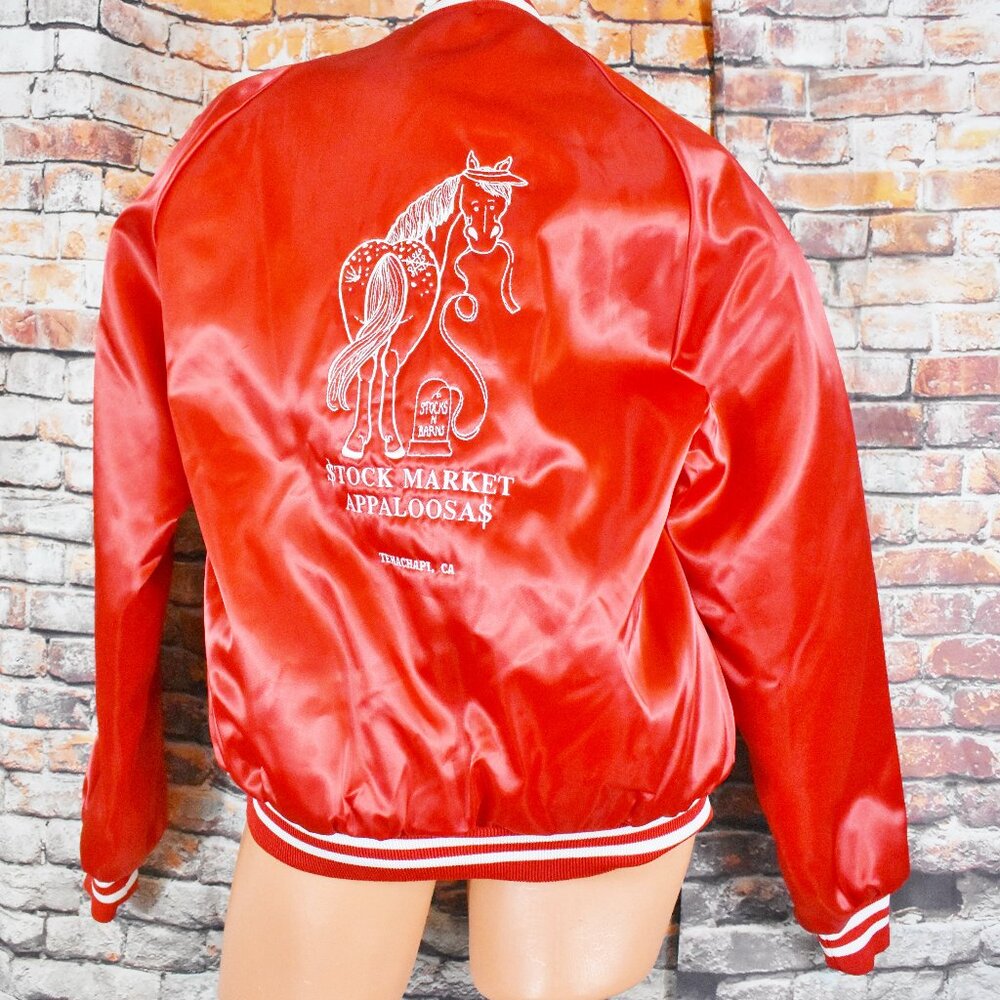 Vintage Rodeo Medium Bomber Jacket Red Satin Stock Market Appaloosa CA NWOT